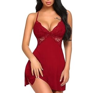 Nightie Lingerie Lace Chemise Sleepwear Babydoll Teddy Nighty Dark Red